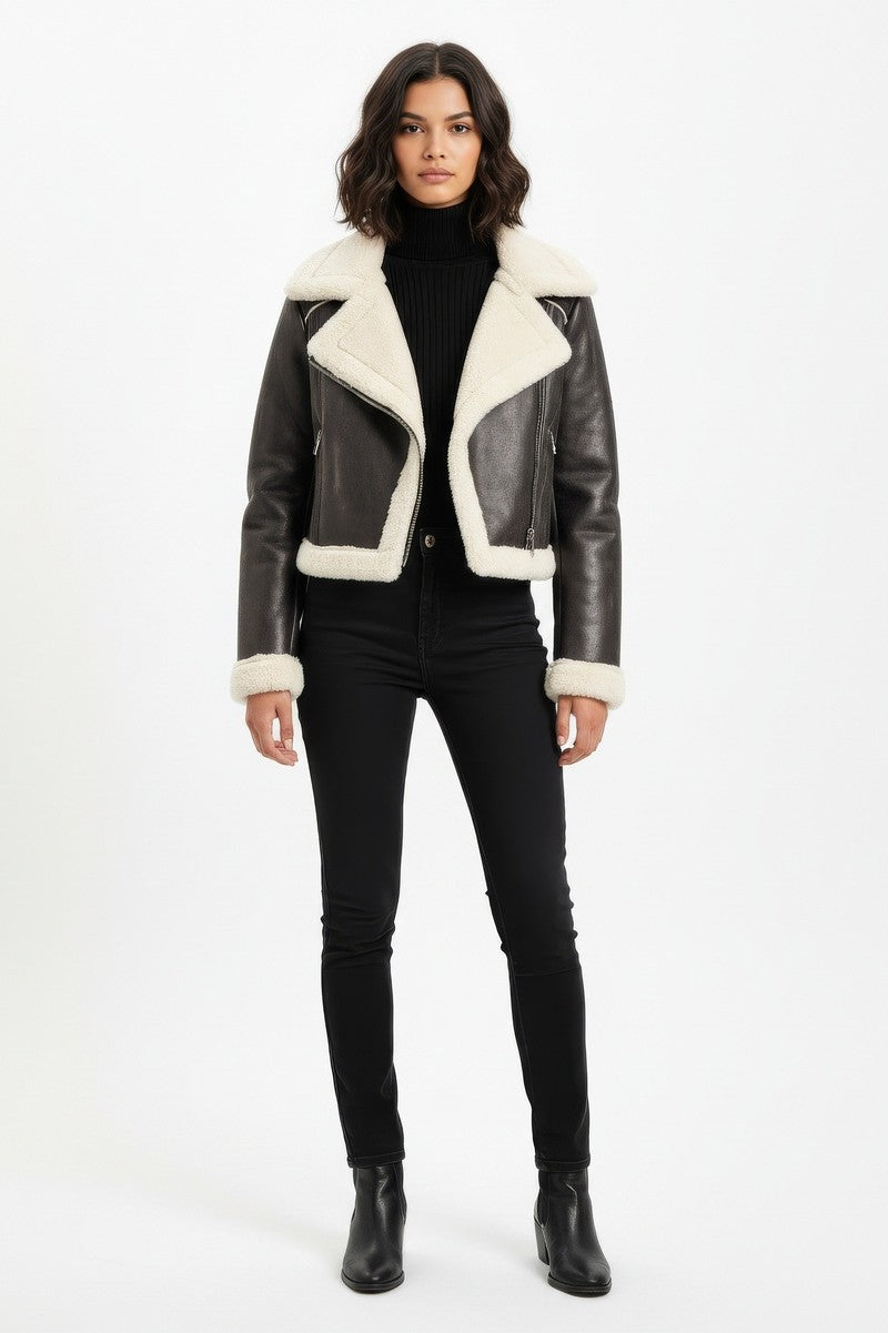 Cropped Faux Leather & Shearling Moto Jacket | Forever 21 Womens
