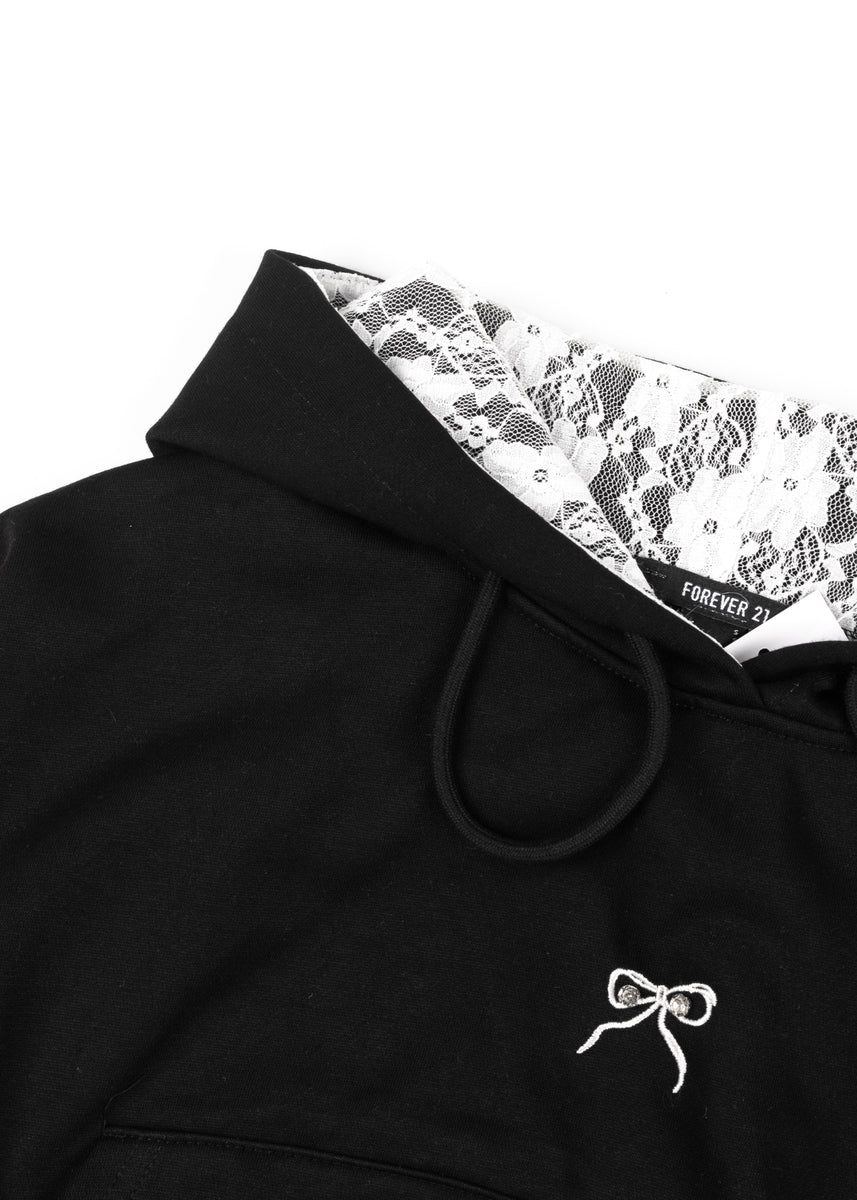 Cropped Lace-Lined Hood & Embroidered-Bow Hoodie | Forever 21 Womens