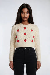 Embroidered Strawberry Cropped Pointelle Sweater | Forever 21 Womens