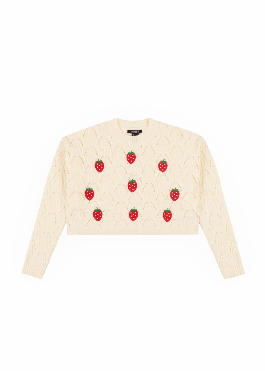 Embroidered Strawberry Cropped Pointelle Sweater | Forever 21 Womens
