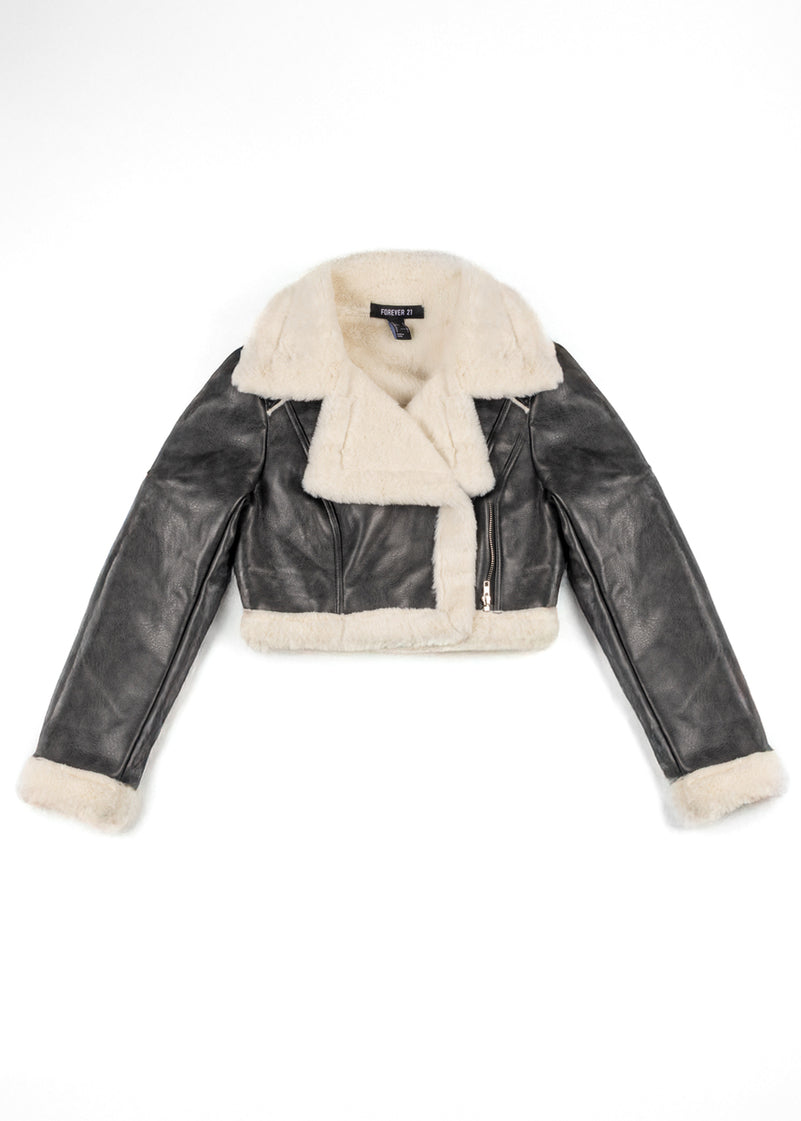 Cropped Faux Leather & Shearling Moto Jacket | Forever 21 Womens