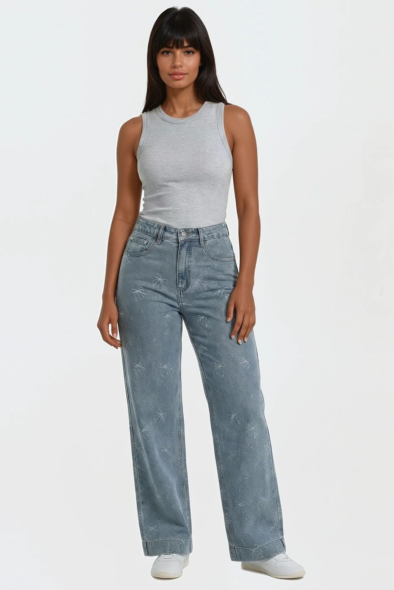 Embroidered Bow Print Wide-Leg Jeans | Forever 21 Womens