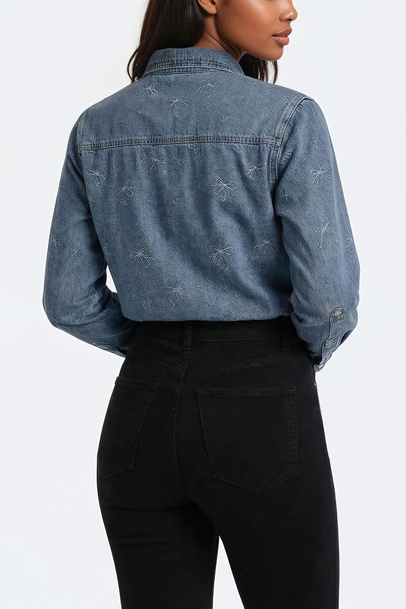 Embroidered Bow Print Oversized Denim Shirt | Forever 21 Womens