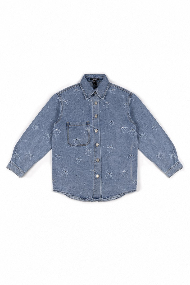 Embroidered Bow Print Oversized Denim Shirt | Forever 21 Womens