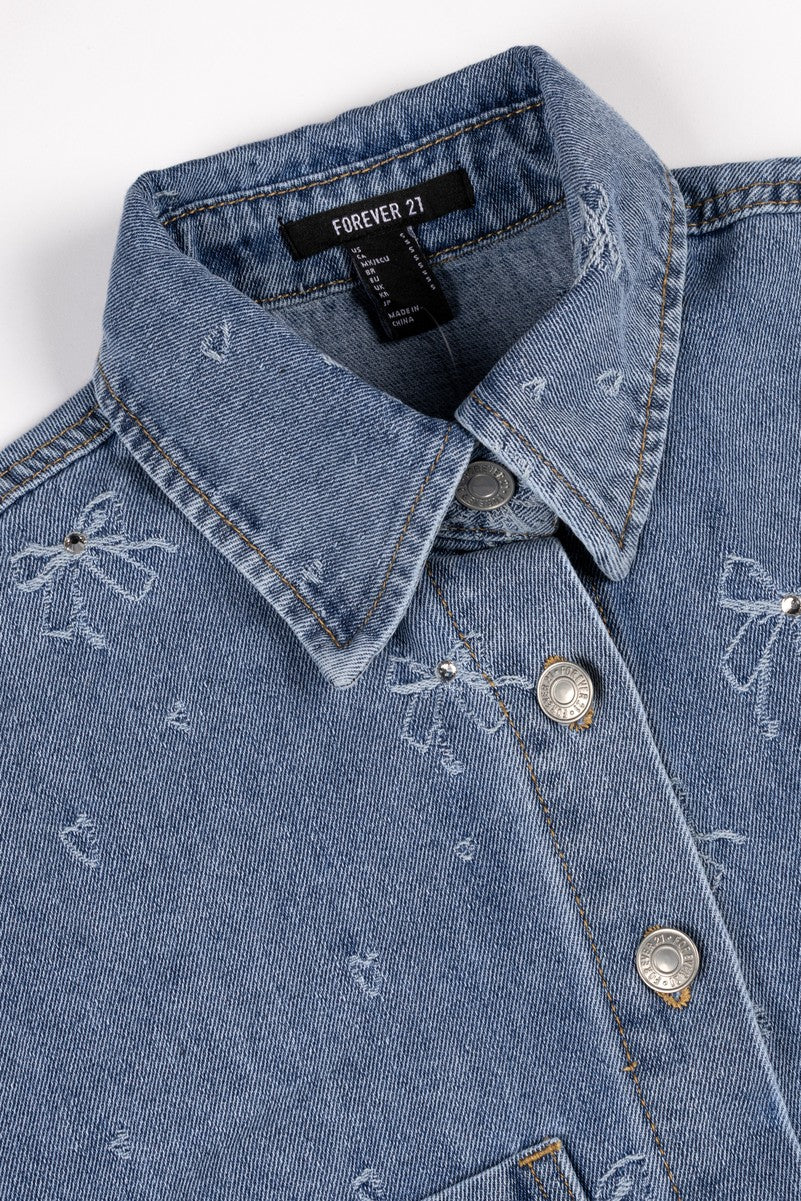 Embroidered Bow Print Oversized Denim Shirt | Forever 21 Womens