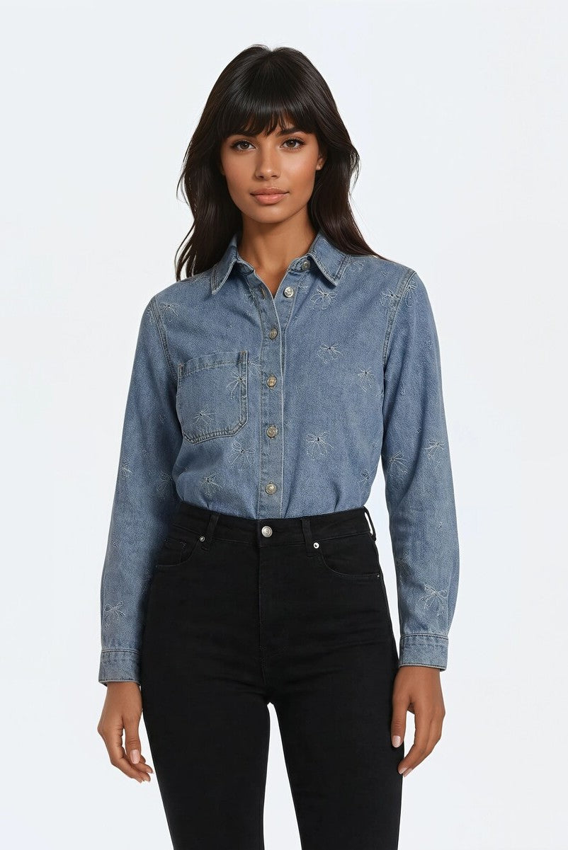 Embroidered Bow Print Oversized Denim Shirt | Forever 21 Womens
