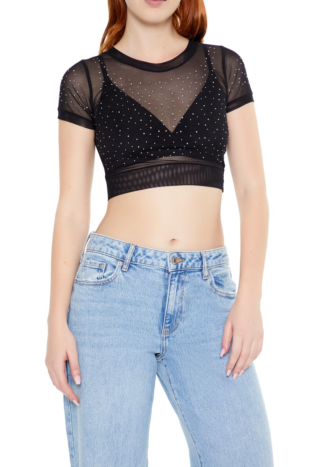 Cropped Mesh Rhinestone Tee | Forever 21 Womens